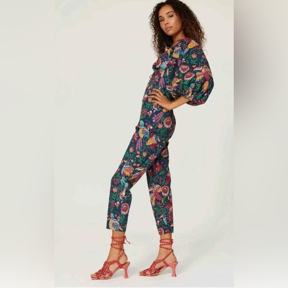 FARM Rio Tropical Bird Print Puff Sleeve Tropical Print Cotton Jumpsuit sz S - Picture 8 of 8